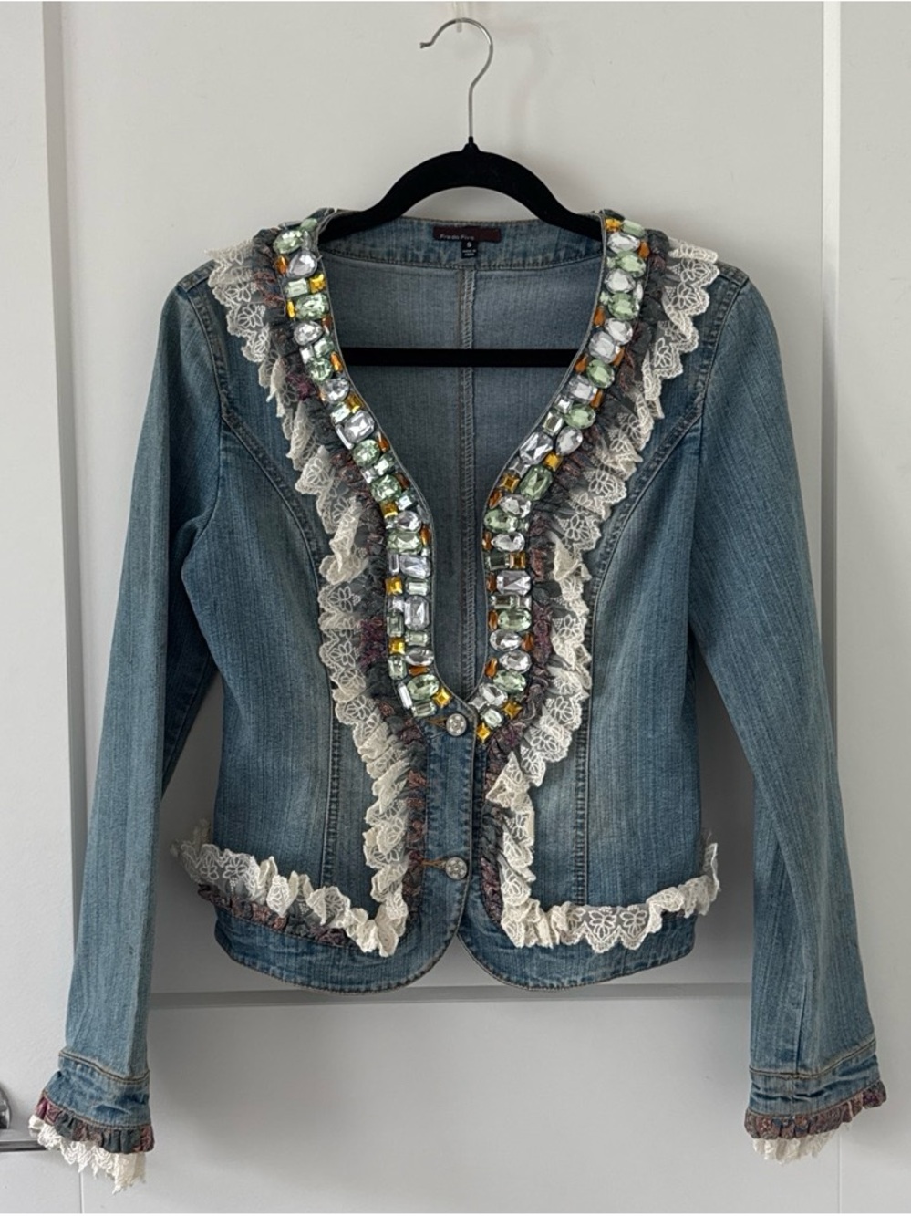 Zara Light Blue Denim Jacket with Multicolor Jewel Trim